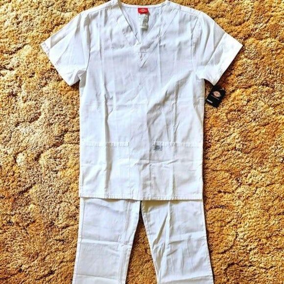 Dickies Unisex White EDS Essentials V-Neck Scrub Top & Scrub Pants Size: XXS NWT - Picture 1 of 6